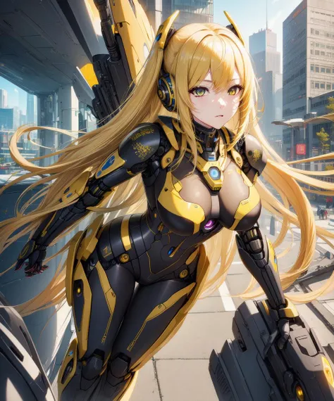 ((master piece)),best quality, (8k, best quality, masterpiece:1.2), ultra-detailed, illustration, beautiful detailed eyes, beautiful detailed hair, fullbody, 1girl, solo, mecha, mecha_musume, cyborg, cool_movement, yellow hair, city, cyberpunk, <lora:mech...
