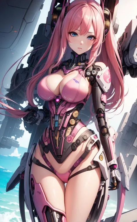 ((master piece)),best quality, (8k, best quality, masterpiece:1.2), ultra-detailed, illustration, beautiful detailed eyes, beautiful detailed hair, fullbody, 1girl, solo, bikini, mecha, mecha_musume, cyborg, cool_movement, pink hair, city, cyberpunk, <lor...