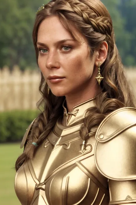 <lora:annaFriel_v10:1.3> <lora:paladinFashion_v10:0.45> A professional full-length photograph of sks woman, dressed as a paladin, golden armor. braided hair. small breasts. finely detailed skin, detailed hair, sharp focus, depth of field. female focus. bok...