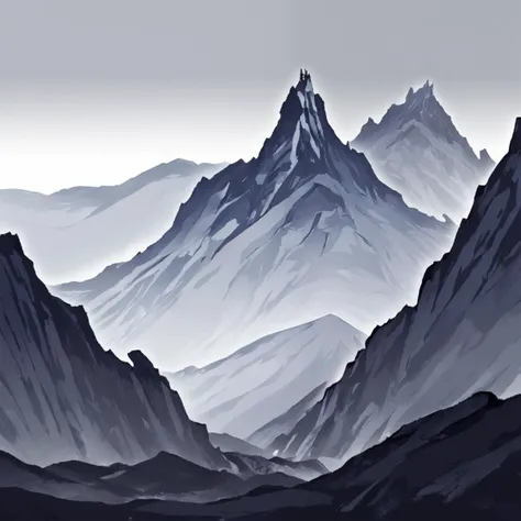 mountains are shown in a painting style with a gray sky