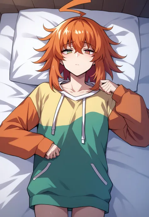 score_9, score_8_up, score_7_up, score_6_up, BREAK lying,from above,on bed,stadiachan, multicolored hair, orange hair, multicolored eyes, huge ahoge,long sleeves,oversized shirt,sweatshirt,bottomless,tired <lora:stadiachan-pdxl-nvwls-v1:1>