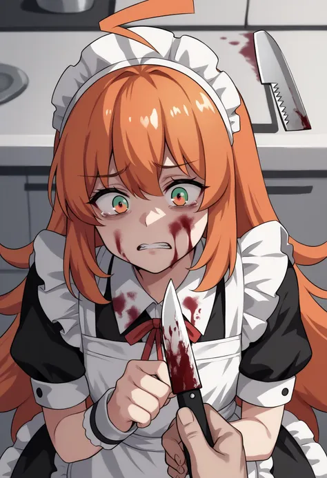 anime girl with bloody face holding a knife in a kitchen