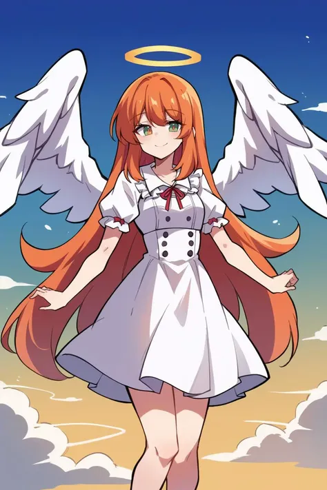 a cartoon image of a girl with angel wings and a dress