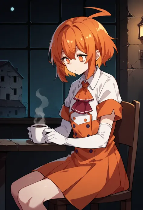 a woman sitting at a table with a cup of coffee