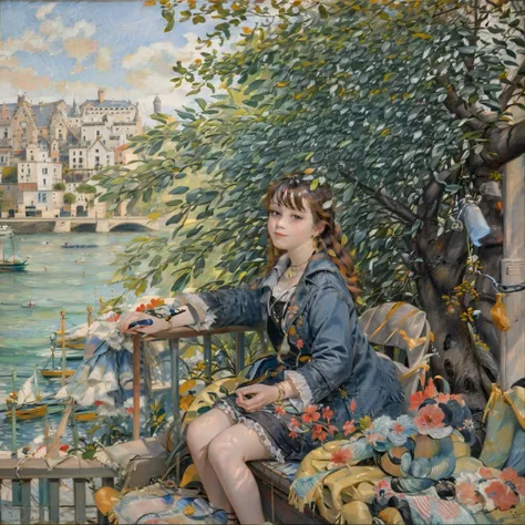 painting of a woman sitting on a bench by a river