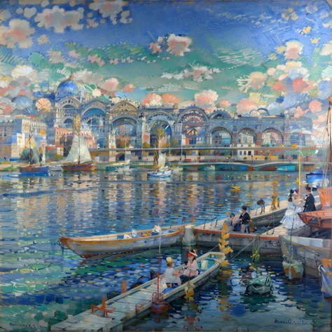 painting of a painting of a harbor with boats and people