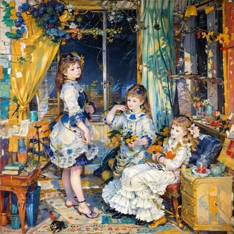 a painting of three girls in a room with a window