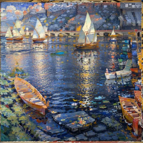 painting of boats in a harbor with a bridge in the background