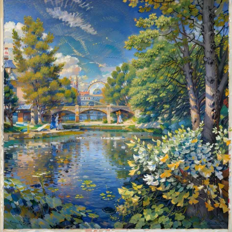 painting of a bridge over a river with a boat in the water