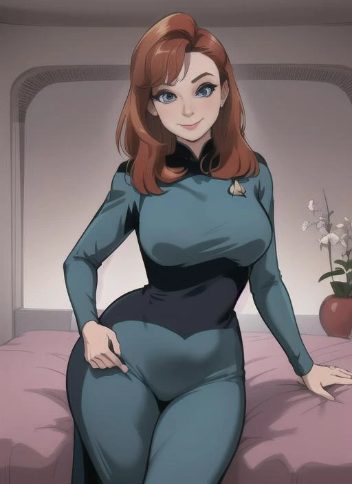 upperbody,1girl,solo,pinup,(detailed eyes),detailed face,looking at the viewer,highly detailed,beautiful,sexy,seductive,sultry,grinning  curvy, wide hips,   <lora:tngcrusher_z:1> beverly crusher, tng, star trek