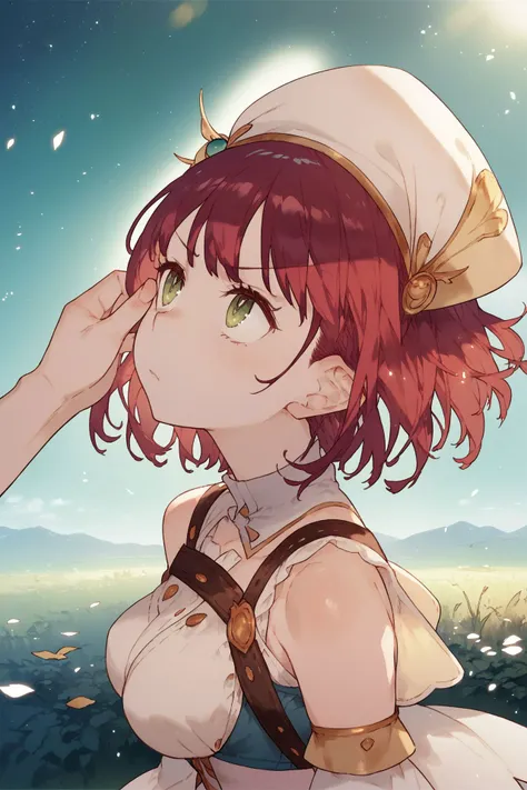 score_9, score_8_up, score_7_up, 1girl, sophie, atelier_sophie, looking up, beautiful face, detailed pupils, annoyed, red hair, medium hair, medium breasts, outdoors, floating particles, bright, <lora:noco_(adamas)_PonyXL_style_v01:1>