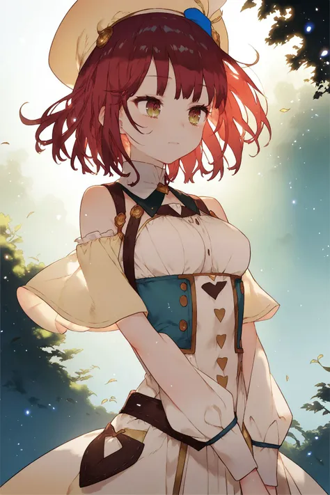 score_9, score_8_up, score_7_up, 1girl, sophie, atelier_sophie, arm_behind_back, looking down, beautiful face, detailed pupils, :3, red hair, medium hair, medium breasts, outdoors, floating particles, backlighting, <lora:noco_(adamas)_PonyXL_style_v01:1>