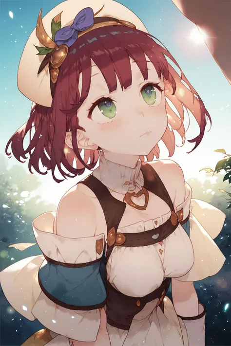 score_9, score_8_up, score_7_up, 1girl, sophie, atelier_sophie, looking up, beautiful face, detailed pupils, sexual ecstasy, red hair, medium hair, medium breasts, outdoors, floating particles, lens flare, <lora:noco_(adamas)_PonyXL_style_v01:1>