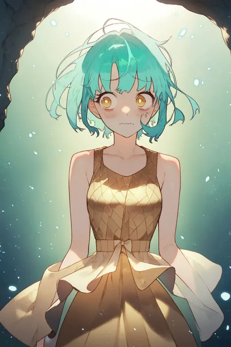 score_9, score_8_up, score_7_up, high resolution, 1girl, beautiful face, detailed pupils, wavy mouth, aqua hair, asymmetrical bangs, golden eyes, breasts, light green sleeveless dress, outdoors, floating particles, <lora:noco_(adamas)_PonyXL_style_v01:1>