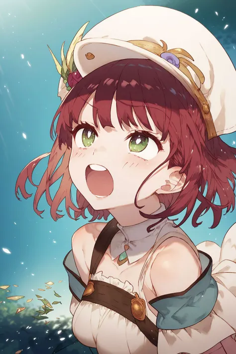 score_9, score_8_up, score_7_up, 1girl, sophie, atelier_sophie, arm_hehind_head, looking up, beautiful face, detailed pupils, :D upper teeth disgusted eyes, red hair, medium hair, medium breasts, outdoors, floating particles, glitter particles, <lora:noco_...