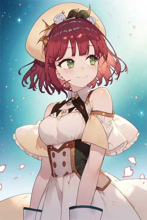 score_9, score_8_up, score_7_up, 1girl, sophie, atelier_sophie, double_v, looking away, beautiful face, detailed pupils, kind smile, red hair, medium hair, medium breasts, outdoors, floating particles, glitter particles, <lora:noco_(adamas)_PonyXL_style_v0...