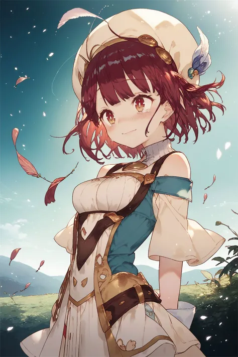 score_9, score_8_up, score_7_up, 1girl, sophie, atelier_sophie, arm behind back, beautiful face, detailed pupils, sobbing, red hair, medium hair, medium breasts, feather ornament, outdoors, floating particles, day, <lora:noco_(adamas)_PonyXL_style_v01:1>