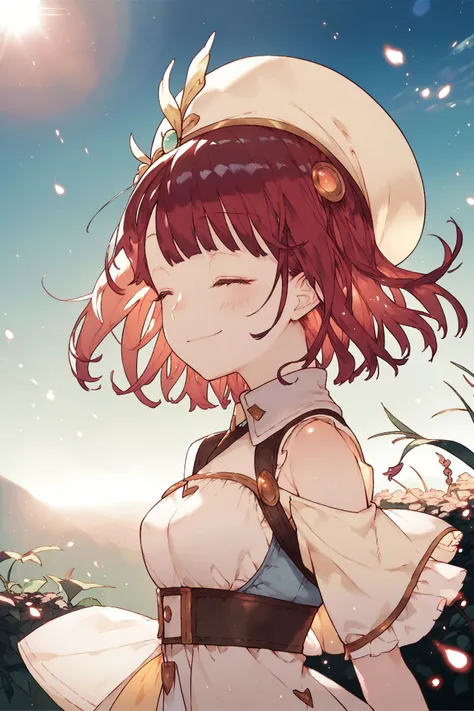 score_9, score_8_up, score_7_up, 1girl, sophie, atelier_sophie, arm_up, looking to the side, beautiful face, detailed pupils, closed eyes smile, red hair, medium hair, medium breasts, outdoors, floating particles, lens flare, <lora:noco_(adamas)_PonyXL_sty...