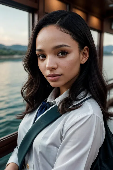 photo of beautiful (s1s1str1nger-135:0.99), a woman with perfect black hair, wearing Medium Brown (meiji schoolgirl uniform:1.1),  (A modern floating marine conservation education center, teaching visitors about marine ecosystems and the importance of cons...