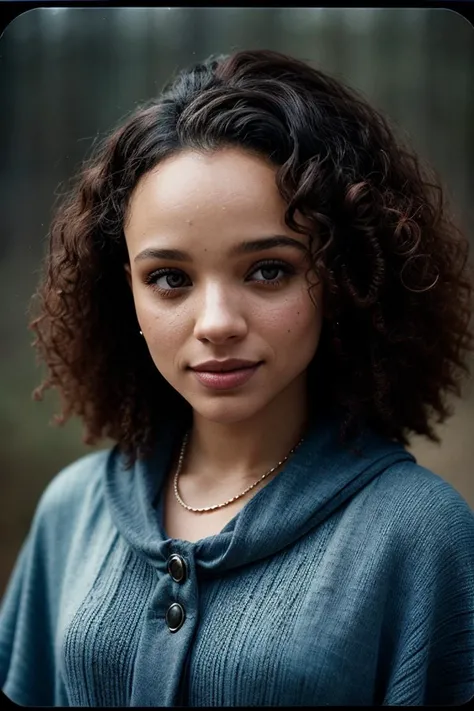 photo of (s1s1str1nger-135:0.99), a woman, perfect curly hair, posing, (vintage photo, poncho), (closeup portrait), necklace, 24mm, (tintype), (analog, cinematic, film grain:1.3), ((plain Police Blue, gradient)), ((detailed eyes)), smiling, (epicPhoto)