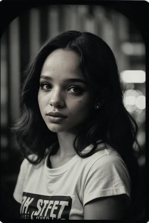 photo of (s1s1str1nger-135:0.99), a woman, perfect hair, posing, (vintage photo, taut shirt), 24mm, (tintype), (analog, cinematic, film grain:1.3), ((in Barcelona, nighttime, gritty)), ((detailed eyes)), (seductive pose), (epicPhoto)