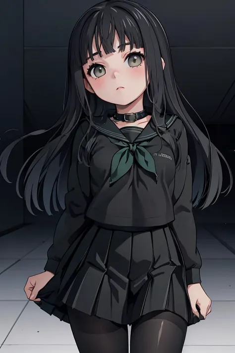 anime girl in black dress with green bow and black stockings