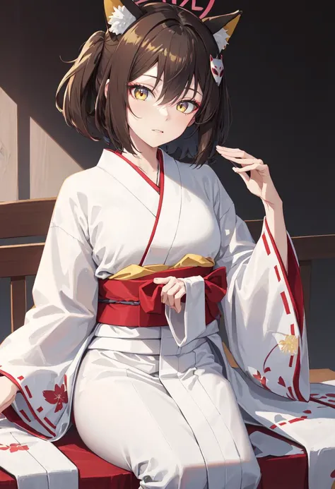 best quality, masterpiece, highres, solo, (izuna_bluearchive:1.10), (white kimono:1.35), (red hakama:1.35), (wide sleeves:1.20), 18 <lora:izuna_bluearchive:0.80>