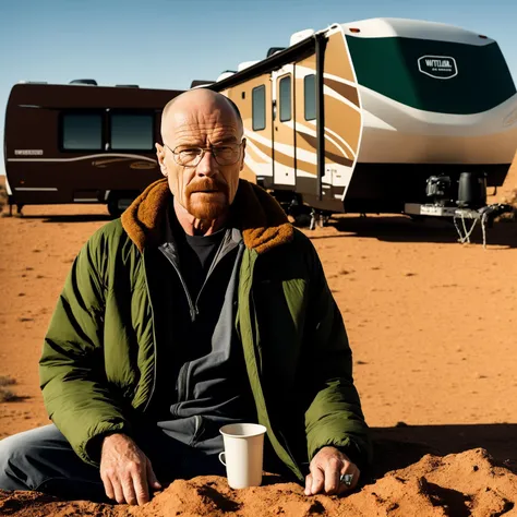 (Bryan Cranston as Walter White from Breaking Bad), Heisenberg, stunning intricate full color upper body photo of man wearing glasses, inside an RV in the New Mexico Desert, bald, epic character composition, by ilya kuvshinov, alessio albi, nina masic, sha...