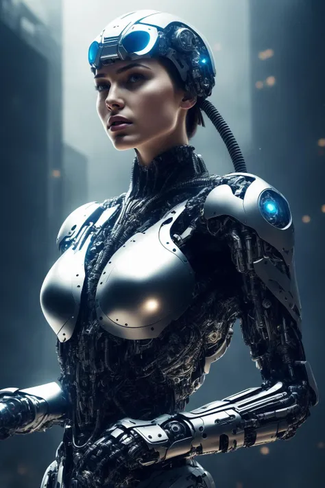 a girl, semi-cyborg, biomechanical arms, medium shot, cinematic