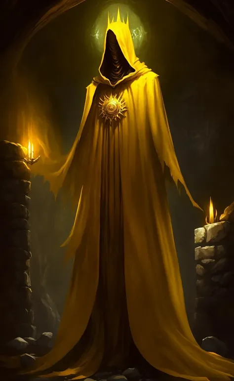 a professional digital painting of the kinginyellow standing in a shadowy crypt wearing a yellow cloak and (hood:1.2) that conceals his face in complete shadow with a crown hovering above his head like a halo, high quality, stone wall background, dungeon  ...