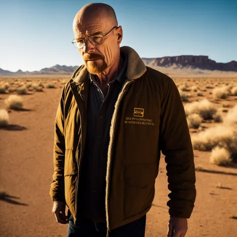 (Bryan Cranston as Walter White from Breaking Bad), Heisenberg, stunning intricate full color upper body photo of man wearing glasses, with an RV in the New Mexico Desert, bald, epic character composition, by ilya kuvshinov, alessio albi, nina masic, sharp...