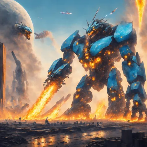 masterpiece, best quality, ((mecha)), no humans, science fiction, fire, gauss cannon, blue plasma sword, war, conflict, fire breath, destroyed city background, clear sunny sky, intricate machinery, intense action scene, (kaiju)