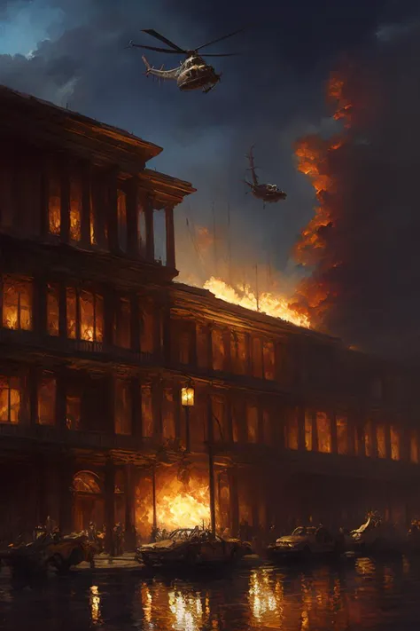 oil painting of a burning American museum, helicopters in the air in the background, nighttime, realistic, (intricate background), art by dgstyle <lora:LowRA:0.7>