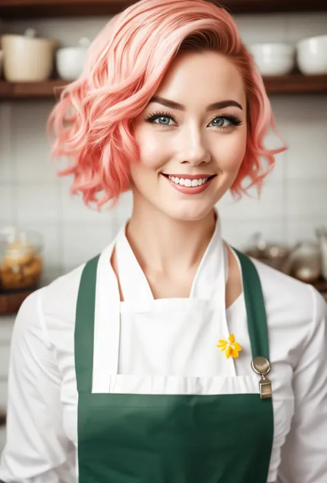 a closeup portrait of a playful maid, undercut hair, apron, amazing body, pronounced feminine feature, busty, kitchen, [ash blon...