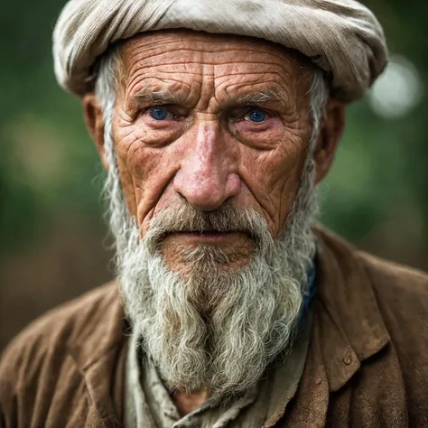 a close up of a man with a beard and a hat