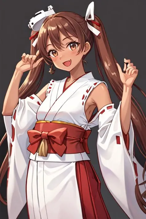 best quality, masterpiece, highres, solo, {white kimono:1.35}, {red hakama:1.35}, {wide sleeves:1.20}, {libeccio_kantaicollection:1.15}, long_hair, brown_hair, twintails, dark_skin, dark-skinned_female, brown_eyes, ribbon, open_mouth, hair_ribbon, smile, f...