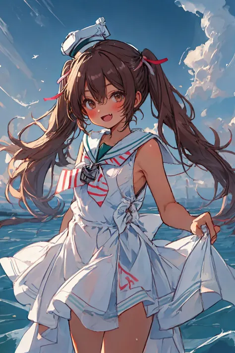 best quality, masterpiece, highres, solo, {libeccio_kantaicollection:1.15}, long_hair, brown_hair, twintails, tan_skin, tan skinned_female, brown_eyes, ribbon, hair between eyes,hair_ribbon, fang, blush, sleeveless, 1girl, dress, hat, looking_at_viewer, sa...