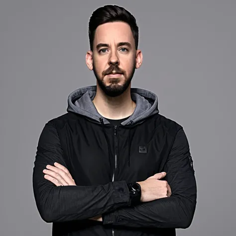 Mike Shinoda, man, beard, folded arms, <lora:Mike_Shinoda_from_Linkin_Park:1>, stage in the background, best quality, masterpiece, 8k, UHD, detailed face, incredible details, sharp image