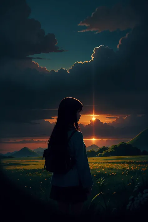 1girl, sketch, anime key visual, landscape of a Ultrarealistic Brutal color field and Christ the Redeemer, at Midday, Sketch, islandpunk, moody lighting, Oversaturated, overlapping compositions