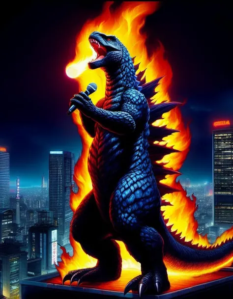 Painting,  Godzilla singing Karaoke,  Mic on flames,  Tokyo citiscapes,  night scene,  dark fantasy,  art by Gerald Brom,  HDR,  8k,  high contrast,  bold negative spaces,  cinematic,  complex and multidimensional lighting,  epic
Negative prompt: Photo. Wo...