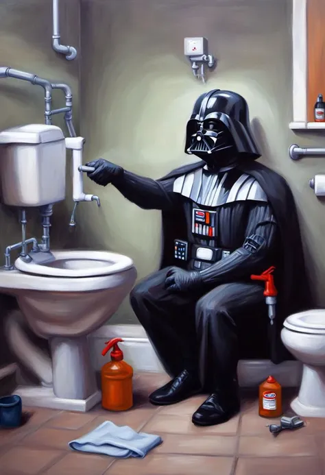 Oil painting of Darth Vader working as a plumber in the bathroom