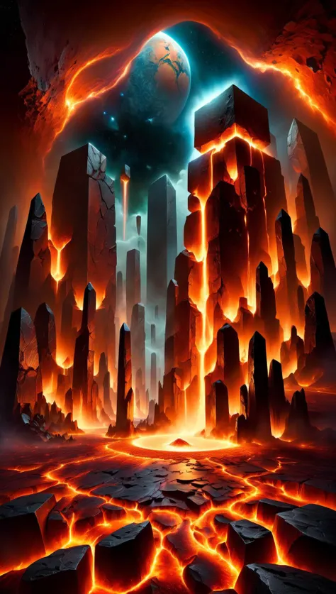 A masterful composition, a luminous digital fantasy painting, night falls on an endless forest of basalt obelisks that cover the surface of the planet mars, lit by a lake of fire that is pouring from a giant celestial cauldron, mysterious and abstract patt...