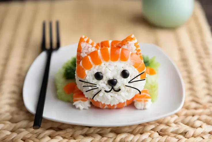 A photo of a cat made out of sushi roll, cinematic, fujifilm, RTX, bokeh