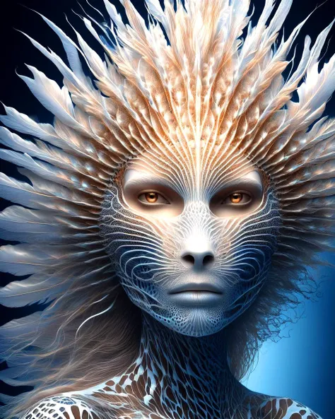 portrait a pale woman and lion fish fusion, biological head fusion theme, long floating hair, ultra sharp, (visible skin pores:1.3), highly detailed, high texture, detailed eyes, 8k UHD, award-winning underwater nature photography, SFW