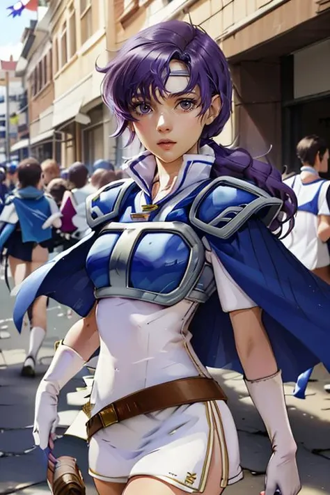 (masterpiece, best quality), 1girl,  beautiful face,   <lora:junoV2:1> juno,  zettai ryouiki, thigh boots, shoulder armor, white short dress, breastplate, belt, elbow gloves, pauldrons, blue cape, white footwear, short sleeves, shoulder pads, white skirt, ...