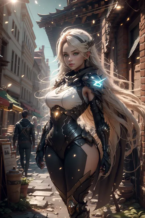 a girl standing outside of a coffee shop, (Thick Body:1.4), (Perfect proportions:1.4), (Long Blond Hair:1.4), Green Eyes, HDR (High Dynamic Range), Ray Tracing, NVIDIA RTX, Super-Resolution, Unreal 5, Subsurface Scattering, PBR Texturing, Post-Processing, ...