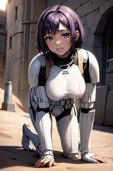 (masterpiece, best quality, detailed), 1girl, solo, looking at viewer, <lora:aria-athena-wasabiya:0.7>, athenag, (dark-skinned female), purple hair, blue eyes, short hair, medium breasts, <lora:StormTrooper:1>, stormtrooper, armor, desert, sand, dust, sun,...