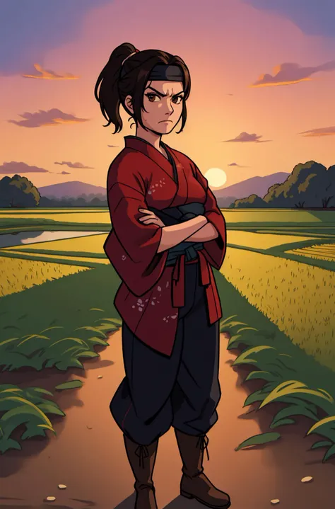 a woman,yuna,black ponytail,brown eyes,red kimono,black headband,pants,boots,full body,looking at viewer,crossed arms,scowling,outdoors,in rice field,sunset, <lora:Yuna-10GOT:0.7>