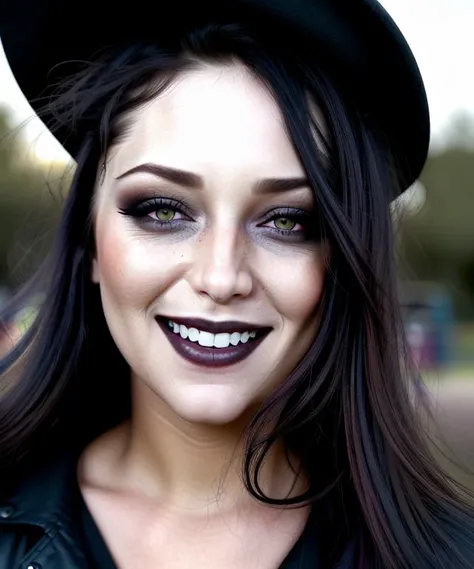 extreme face closeup of Remy in the park. (Very dark (goth:1) makeup). Big smile. (Night, very dark, black sky). Very detailed, matte skin, pores, hyperdetailed, hyperrealistic. Natural, realistic, photograph. <lora:remy_10:1>