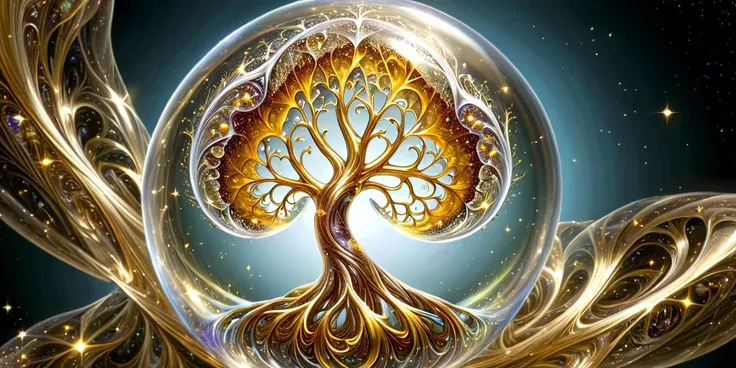 photograph, photorealistic, ultra-realistic, intricately detailed, wide angle, fine fractal glossy vivid colored shiny contours outlines of a glass pear with a ("a glowing golden flying female pixie uses her wand to transform a tree to solid gold.") inside...